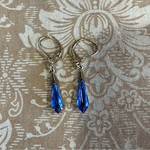 Vintage Artisan Roll Gold Long Drop Earring Blue Teardrop Leverback